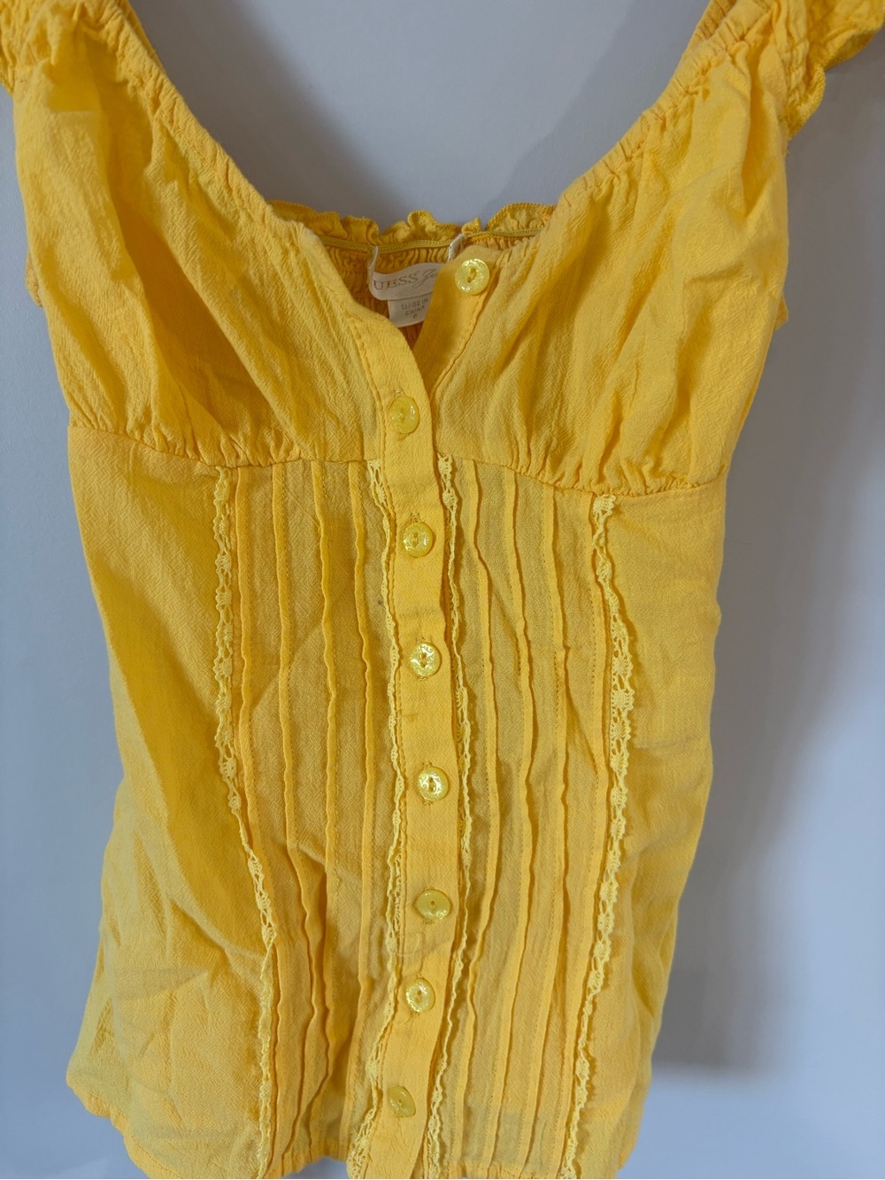 GUESS Yellow Babydoll Fitted Button-Front Ruffle Strap Top - Picture 3 of 5